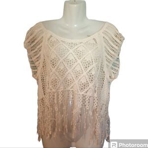 Crochet lace short sleeve boho top with lace fringe